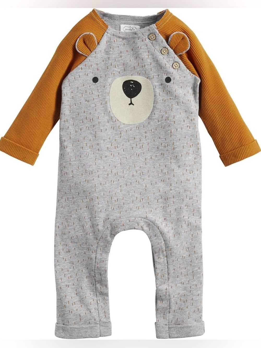 NWOT Mud Pie Mudpie Gray & Mustard Bear Romper Coverall 9-12 Months
